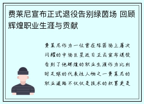 费莱尼宣布正式退役告别绿茵场 回顾辉煌职业生涯与贡献 费莱尼宣布正式退役告别绿茵场 回顾辉煌职业生涯与贡献