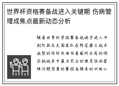世界杯资格赛备战进入关键期 伤病管理成焦点最新动态分析